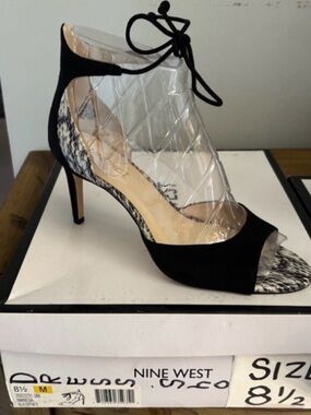 Nine West🌺$20 Sale🌺 Black Suede Open-Toe Ankle Tie Heels with Snakeskin Insole
